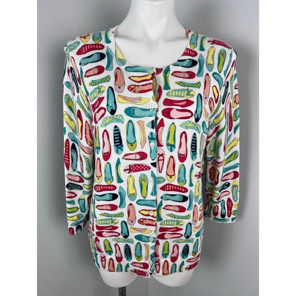 Talbots Shoe Ballet Flat Print Button Up 100% Cotton Cardigan Large - Picture 1 of 6